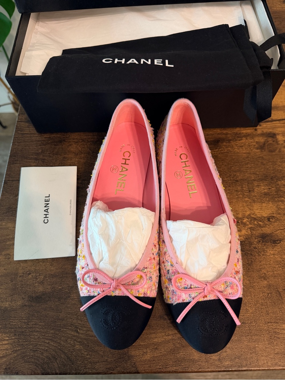 CHANEL Pink Tweed Ballet Flats with Black Cap Toe
